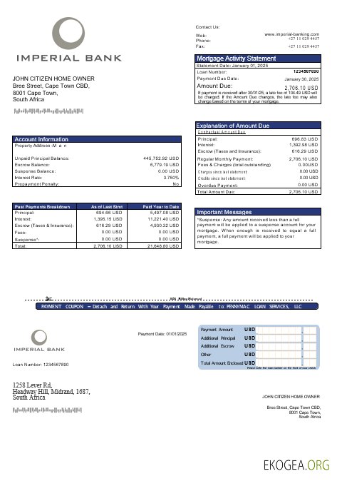 Relevé hypothécaire de la banque impériale d'Afrique du Sud aux formats Word et PDF
